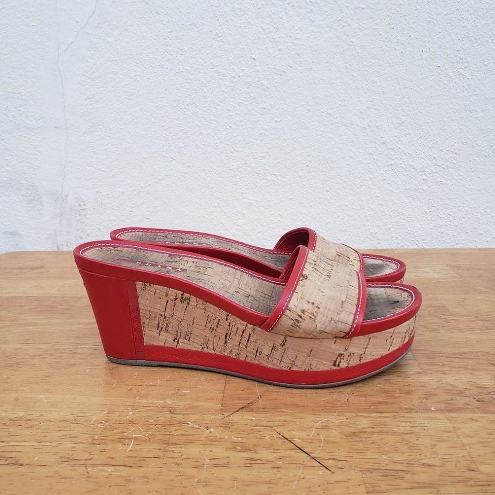 Prada Y2k Red And Cork Platform Slip On Sandals - image 7